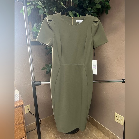 Calvin Klein Short Sleeve Sheath Dress In Caper Green Size 6 - Picture 2 of 4